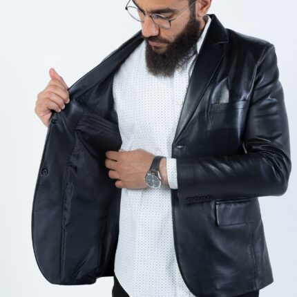 Slim Blazer Lambskin Jacket (Black) - Image 5
