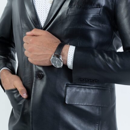Slim Blazer Lambskin Jacket (Black) - Image 4