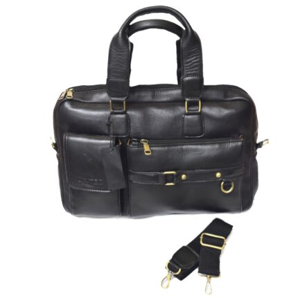 Cowhide leather crossbody laptop bag (Black) - Image 3