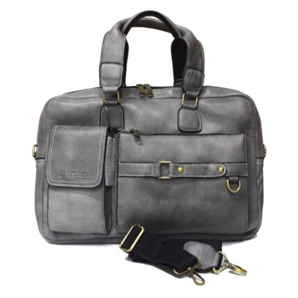 Cowhide leather crossbody laptop bag (Grey) - Image 3